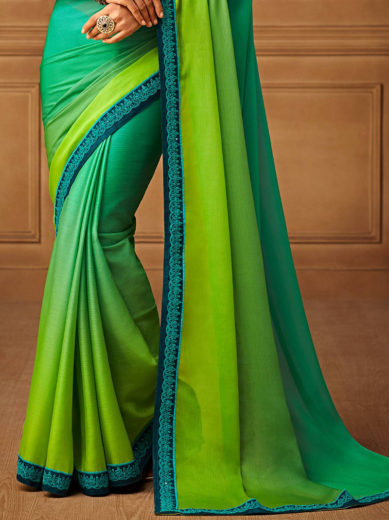 Exquisite green blue chiffon blended silk saree - TrendOye