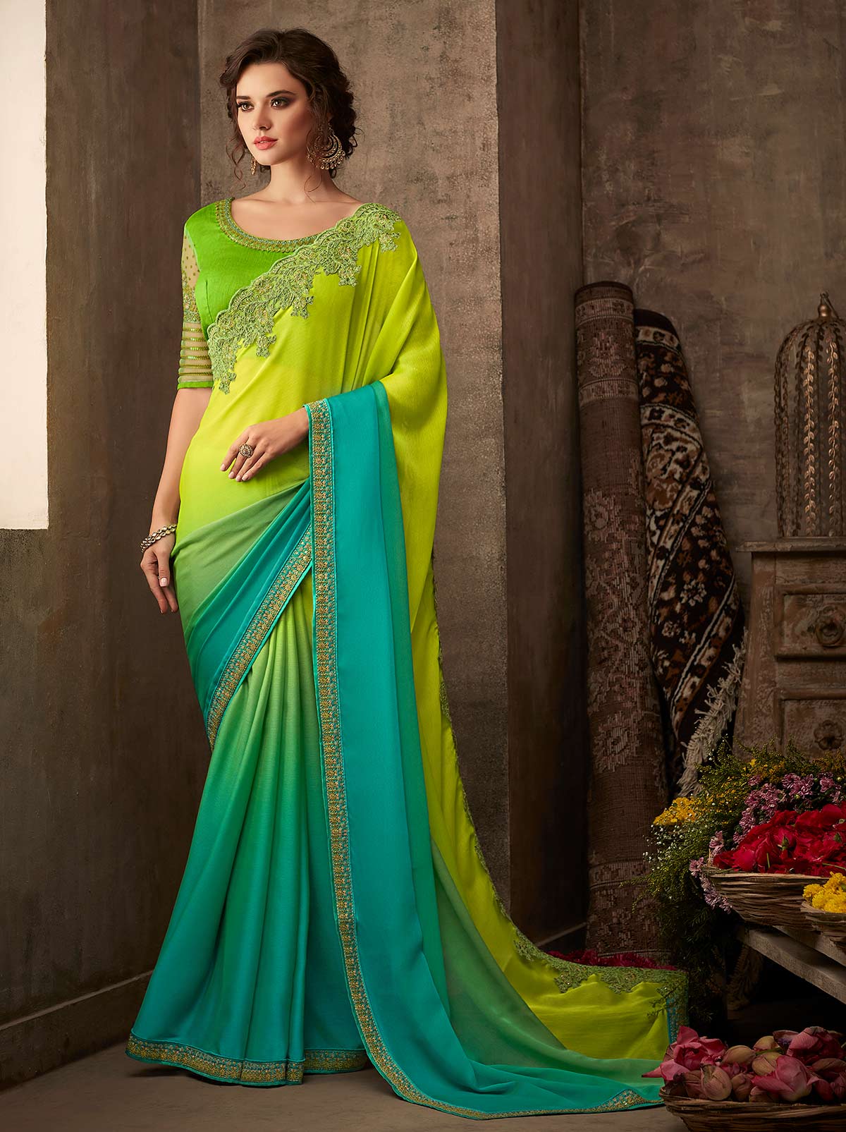 Eye-catching yellow blue gradient saree for events - TrendOye