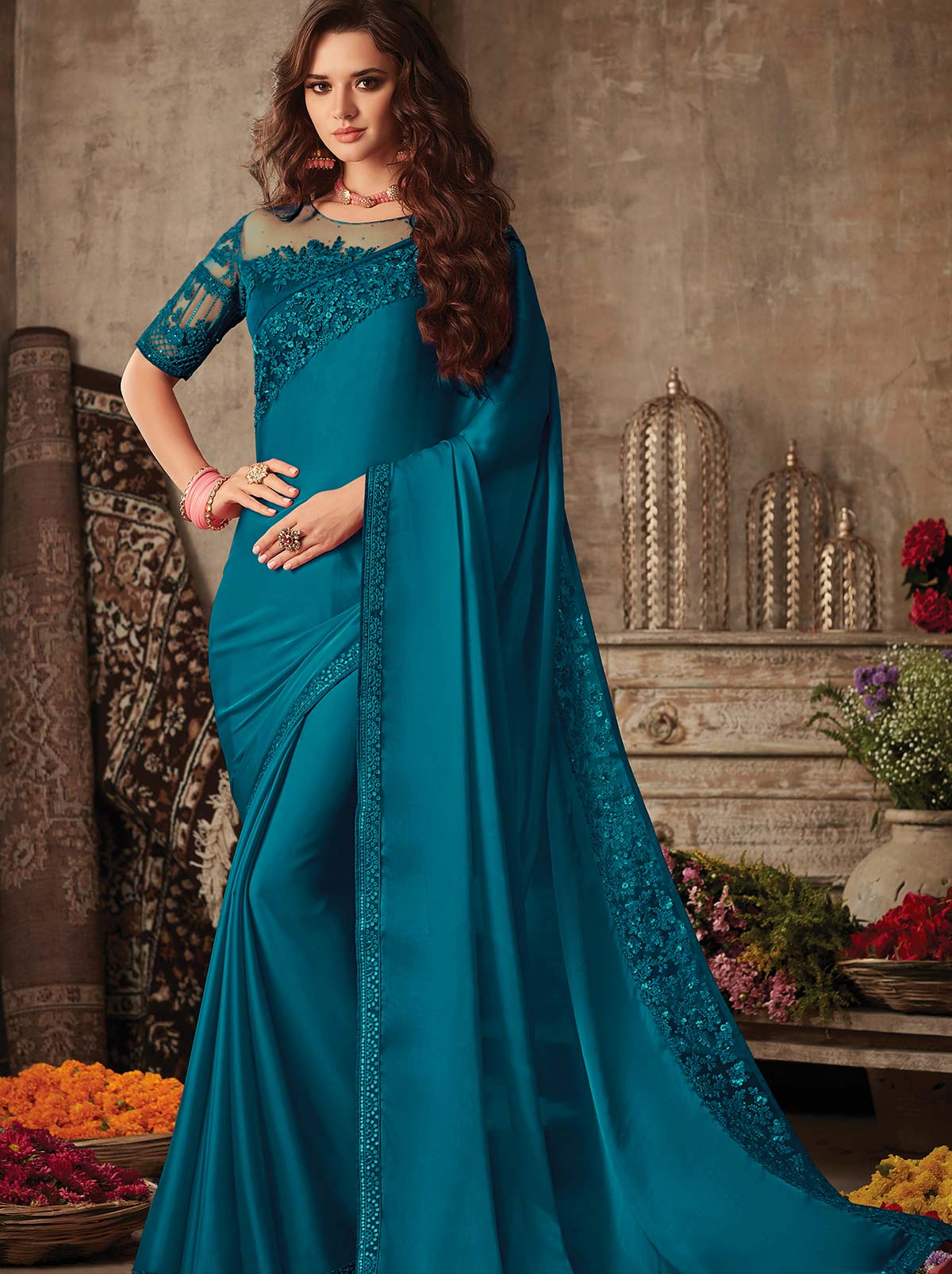 Aesthetically royal blue premium mulmul silk saree - TrendOye