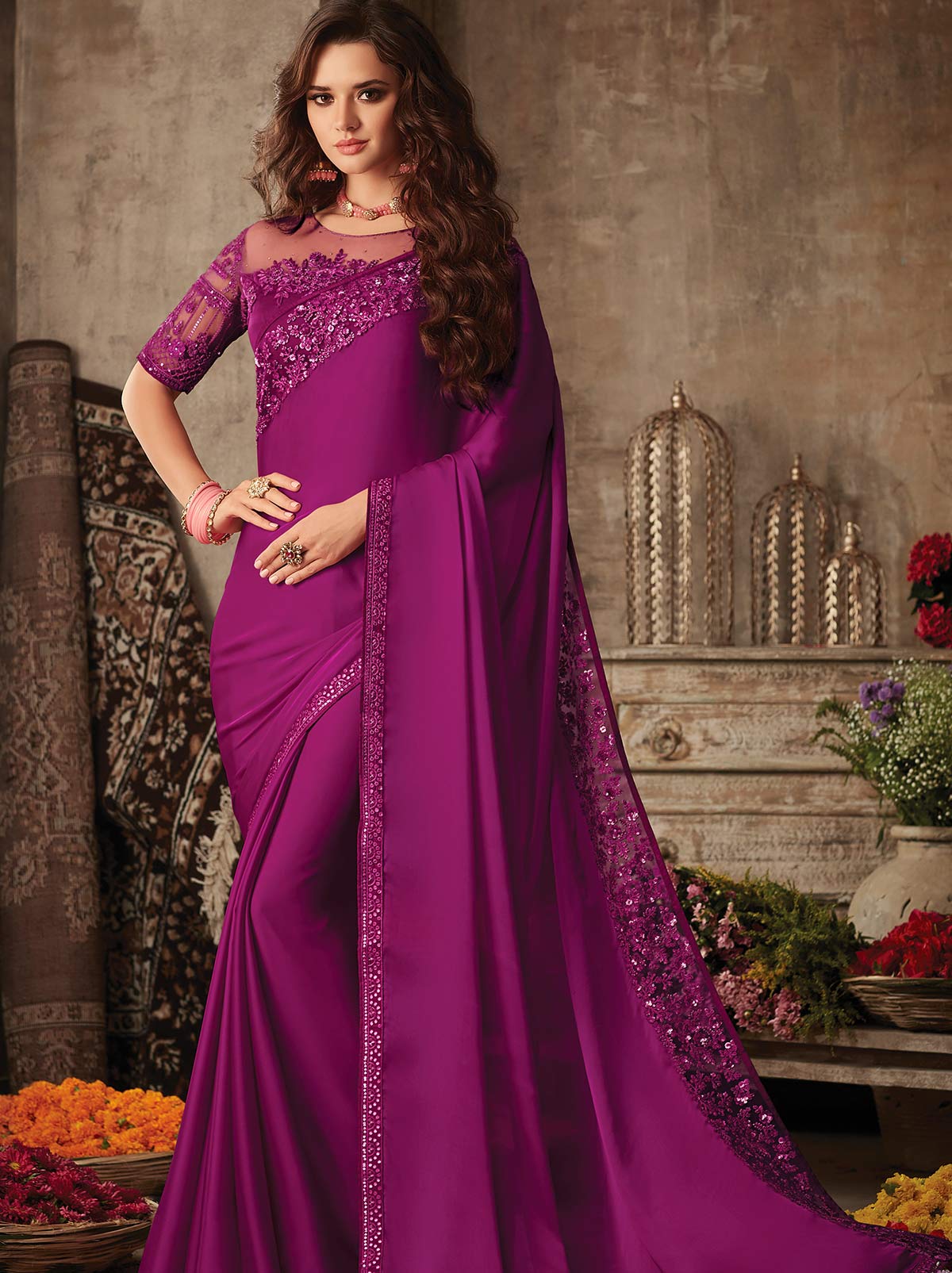 Alluring purple classic plain mulmul silk saree - TrendOye