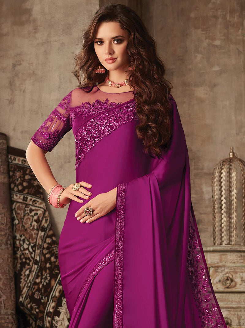 Alluring purple classic plain mulmul silk saree - TrendOye