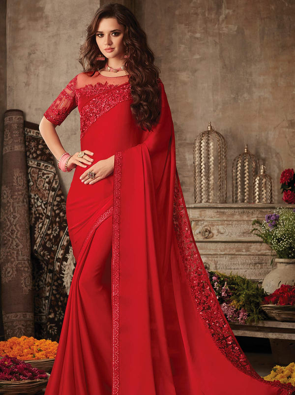 Phenomenal red premium plain mulmul silk saree - TrendOye