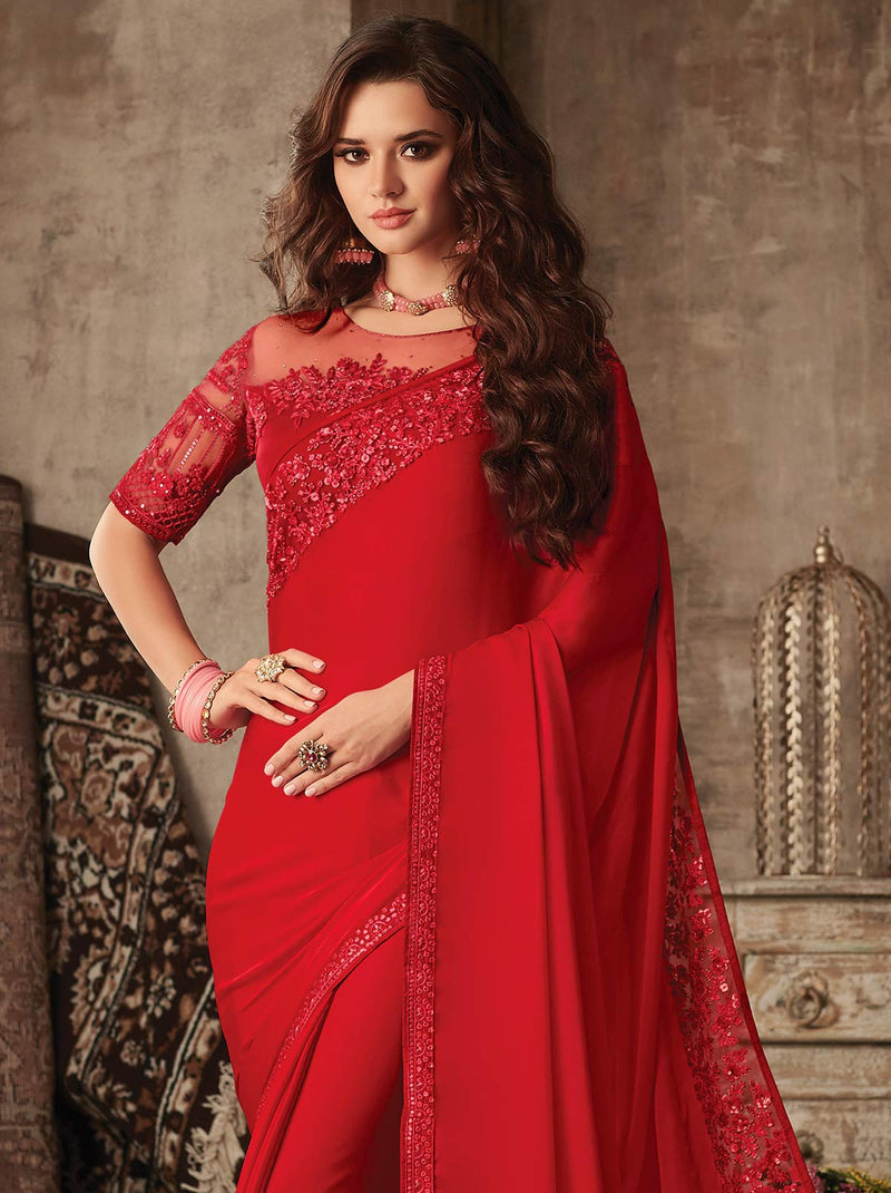Phenomenal red premium plain mulmul silk saree - TrendOye