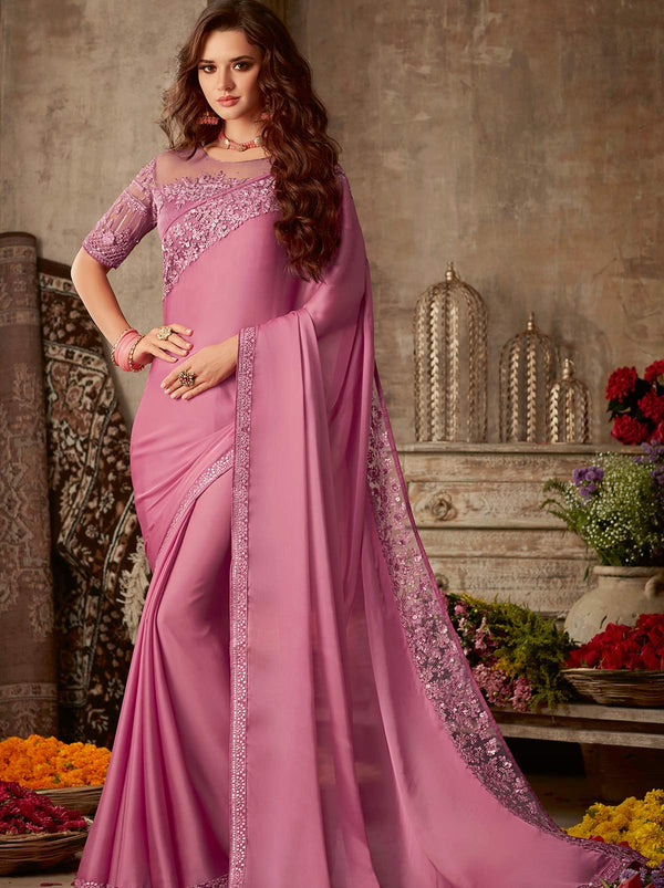 Classy purple embroidered mulmul silk saree - TrendOye