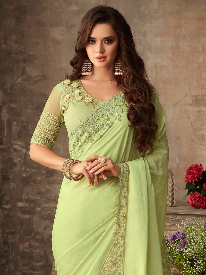 Brilliant green classic plain mulmul silk saree - TrendOye
