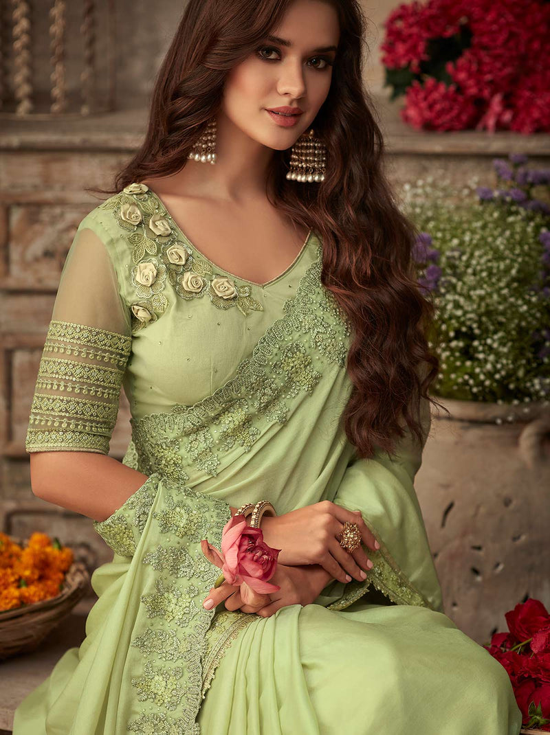 Brilliant green classic plain mulmul silk saree - TrendOye