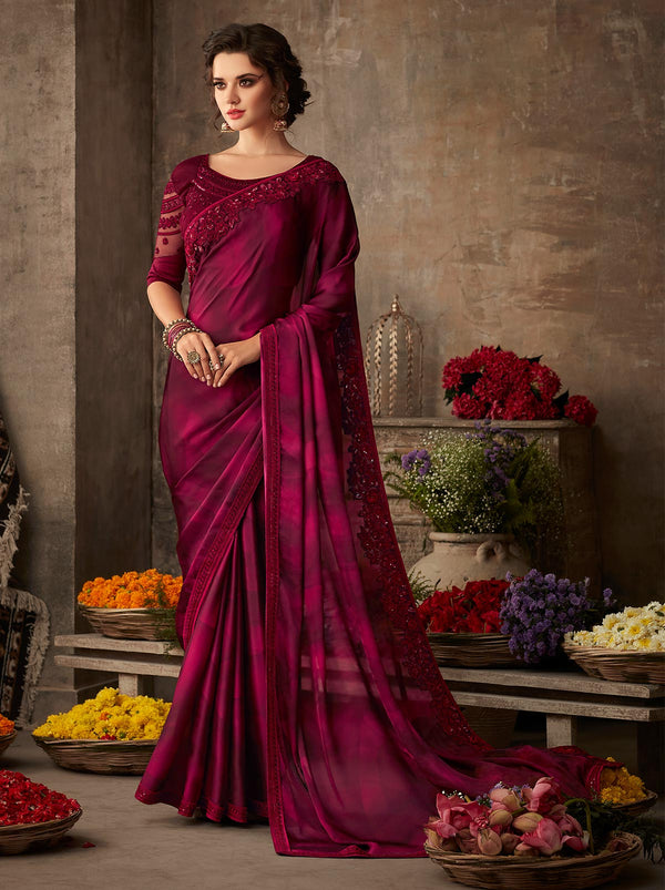 Elegantly rich purple classic plain mulmul silk saree - TrendOye