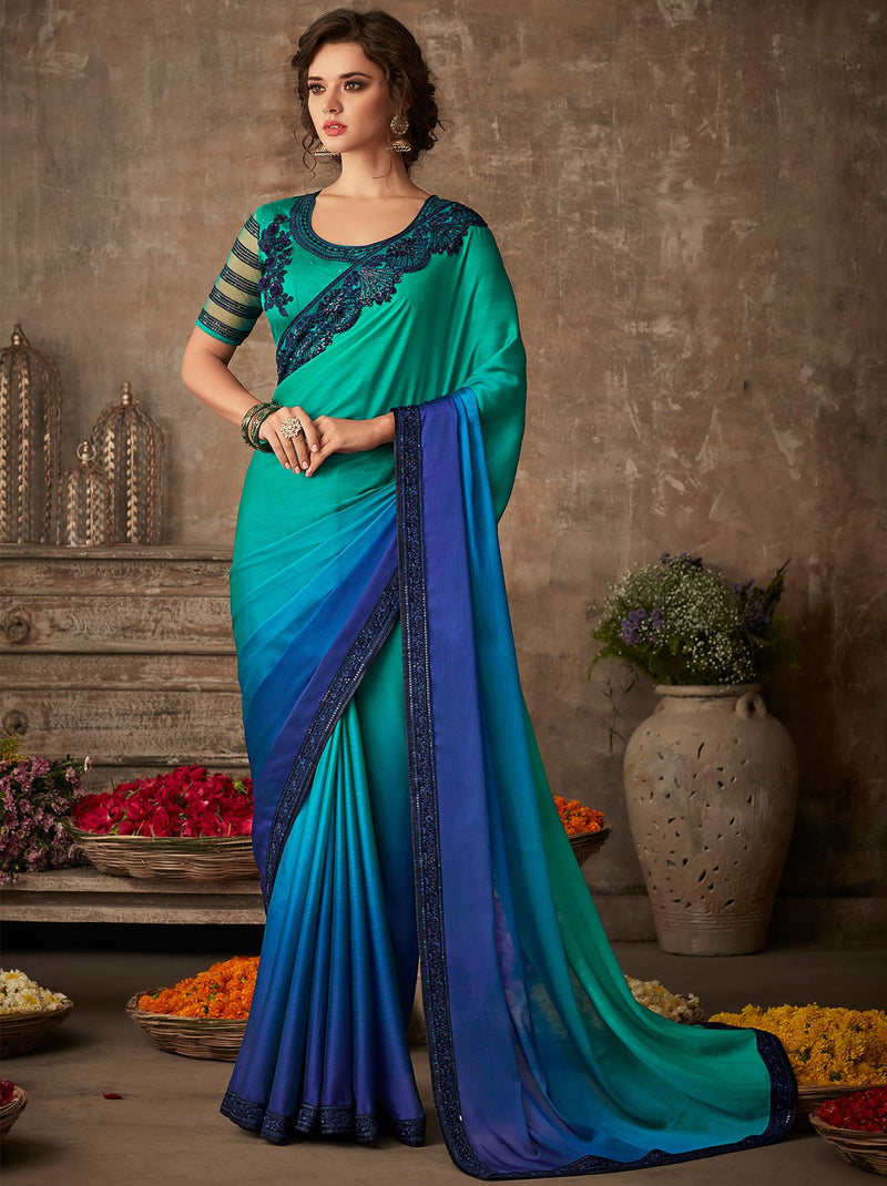 Mesmerizing blue dual-tone gradient chiffon silk saree - TrendOye