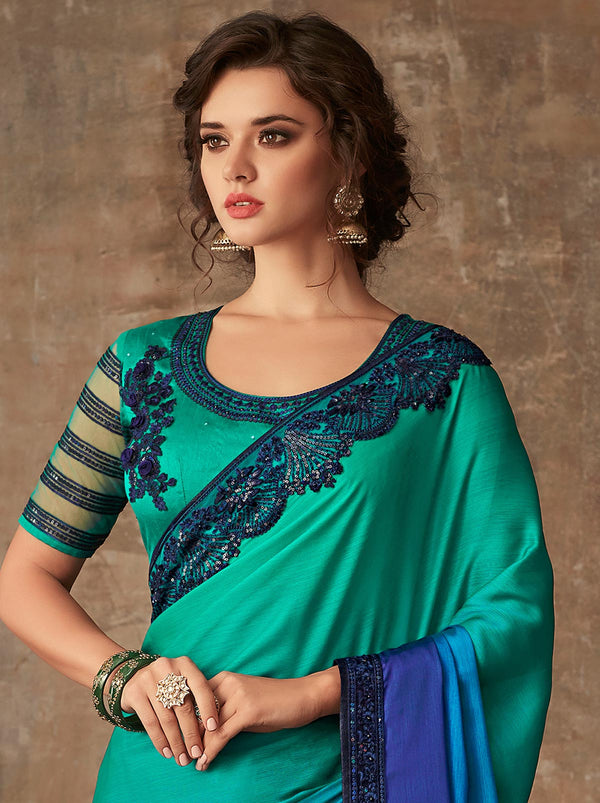 Mesmerizing blue dual-tone gradient chiffon silk saree - TrendOye