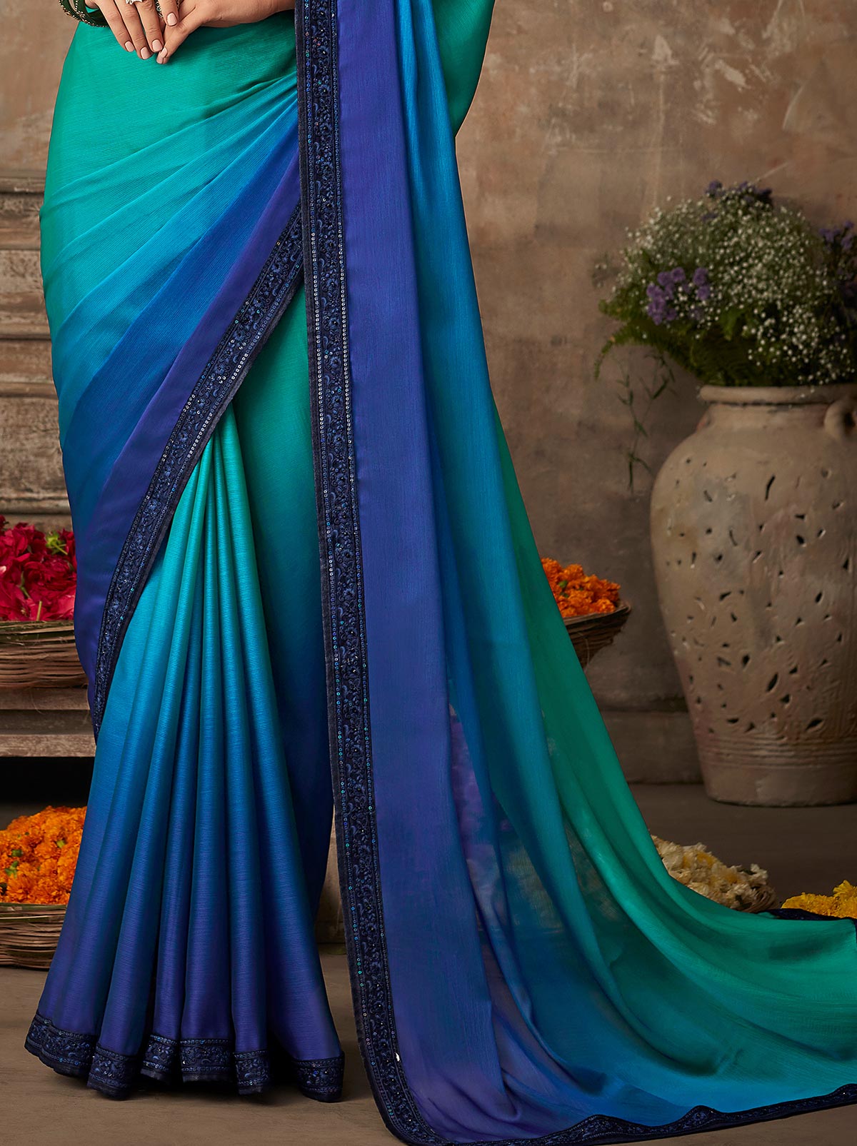 Mesmerizing blue dual-tone gradient chiffon silk saree - TrendOye