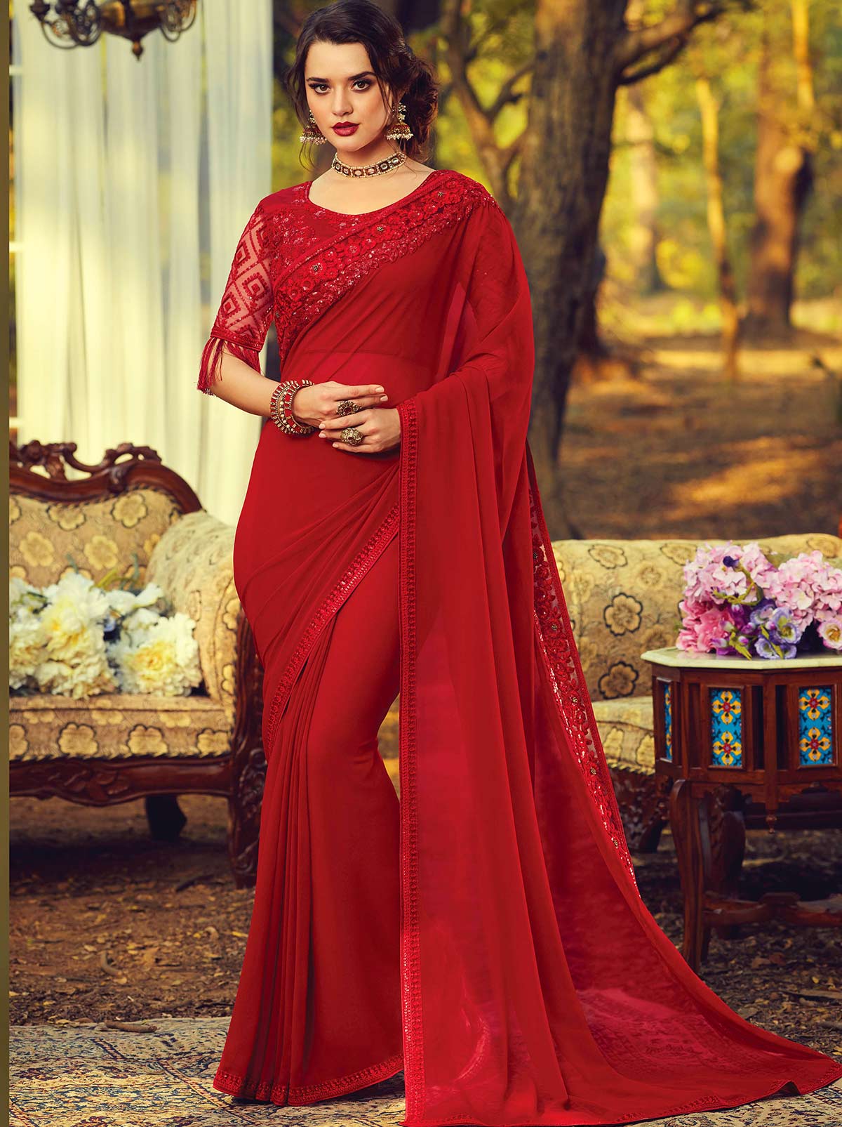 Passionate red premium classic plain georgette saree - TrendOye