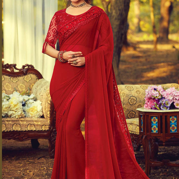 Women's Red Georgette Net Embroidered Heavy Border Bollywood Designer Saree  With Unstitched Designer Blouse Piece