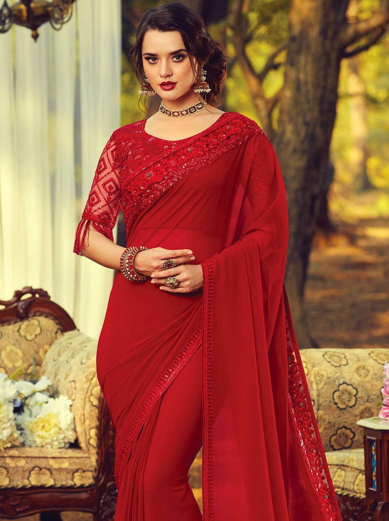 Passionate red premium classic plain georgette saree - TrendOye