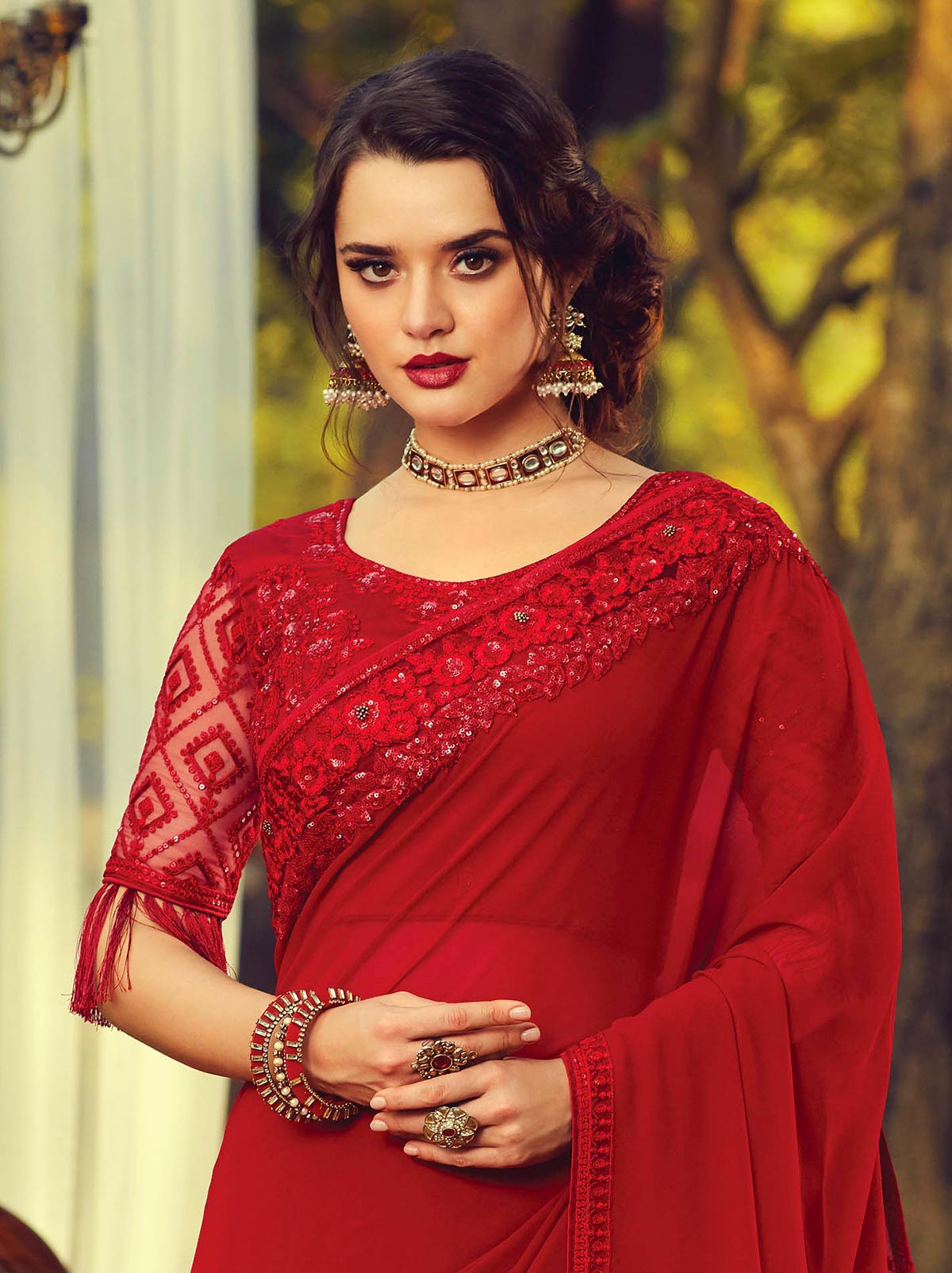 Passionate red premium classic plain georgette saree - TrendOye