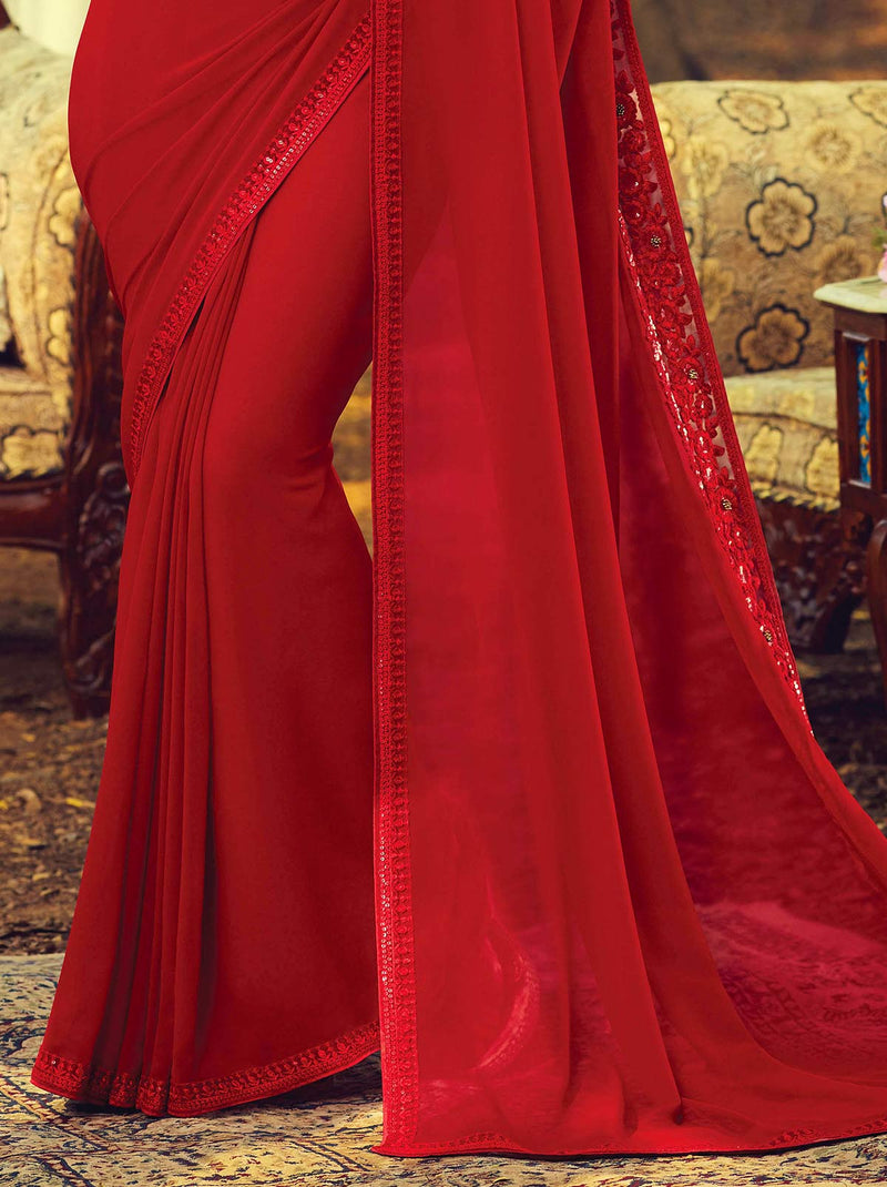 Passionate red premium classic plain georgette saree - TrendOye
