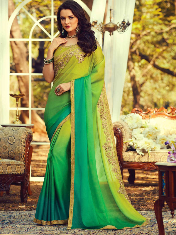 Refreshing green dual-tone gradient mulmul silk saree - TrendOye