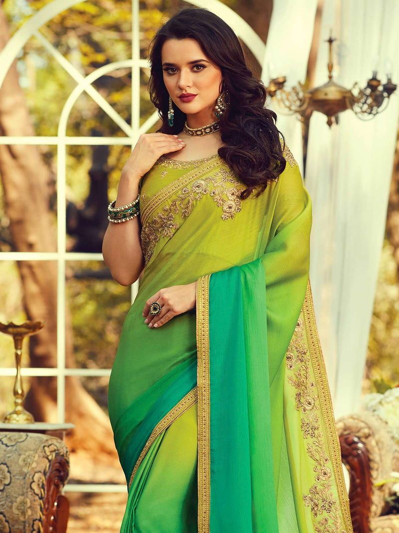Refreshing green dual-tone gradient mulmul silk saree - TrendOye