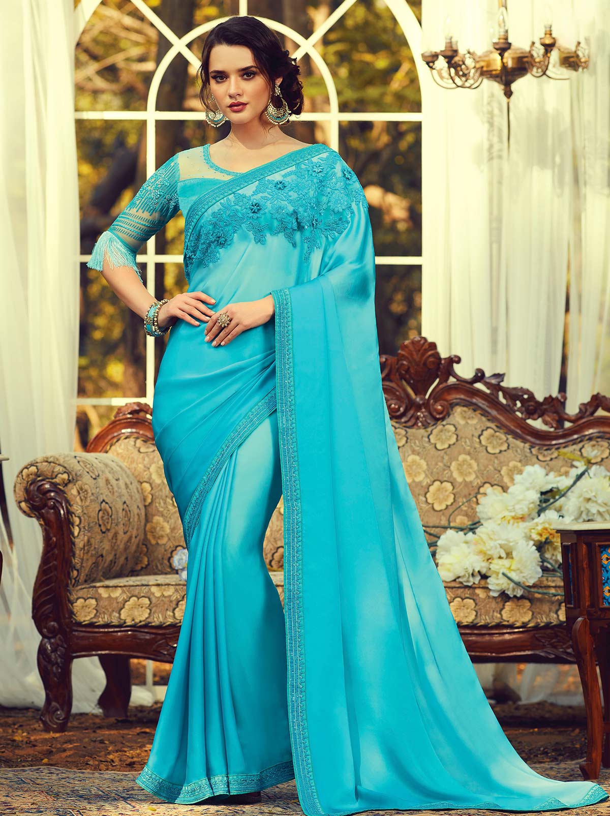 Mystical blue classic plain mulmul silk saree - TrendOye
