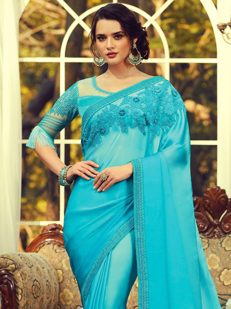 Mystical blue classic plain mulmul silk saree - TrendOye
