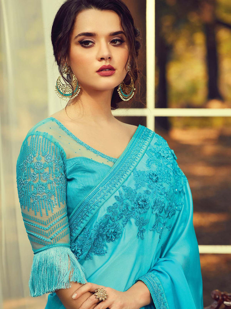 Mystical blue classic plain mulmul silk saree - TrendOye