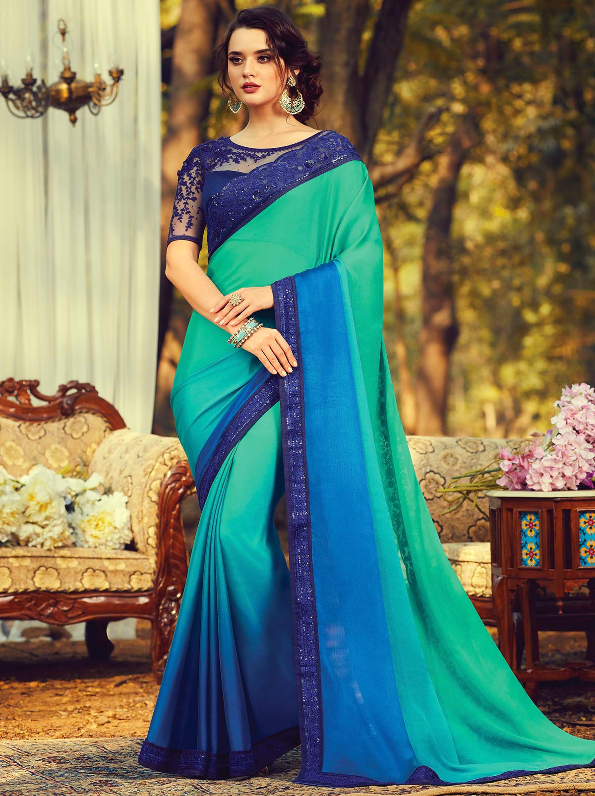 Marvellous dual blue tone gradient silk saree - TrendOye