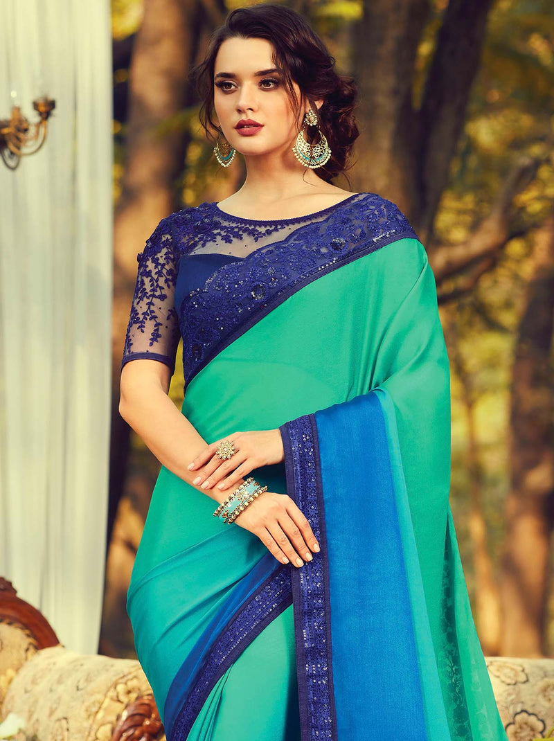 Marvellous dual blue tone gradient silk saree - TrendOye