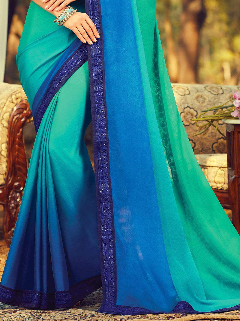 Marvellous dual blue tone gradient silk saree - TrendOye
