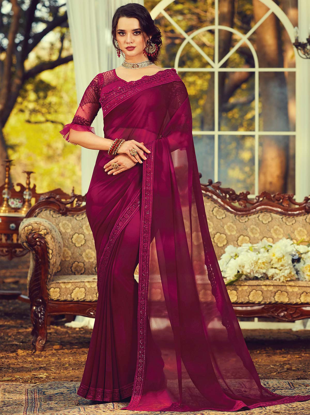 Exquisite purple classic plain georgette saree - TrendOye