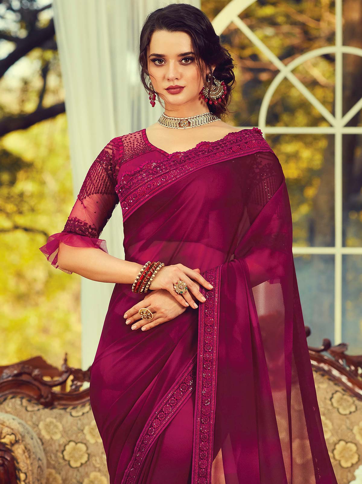 Exquisite purple classic plain georgette saree - TrendOye
