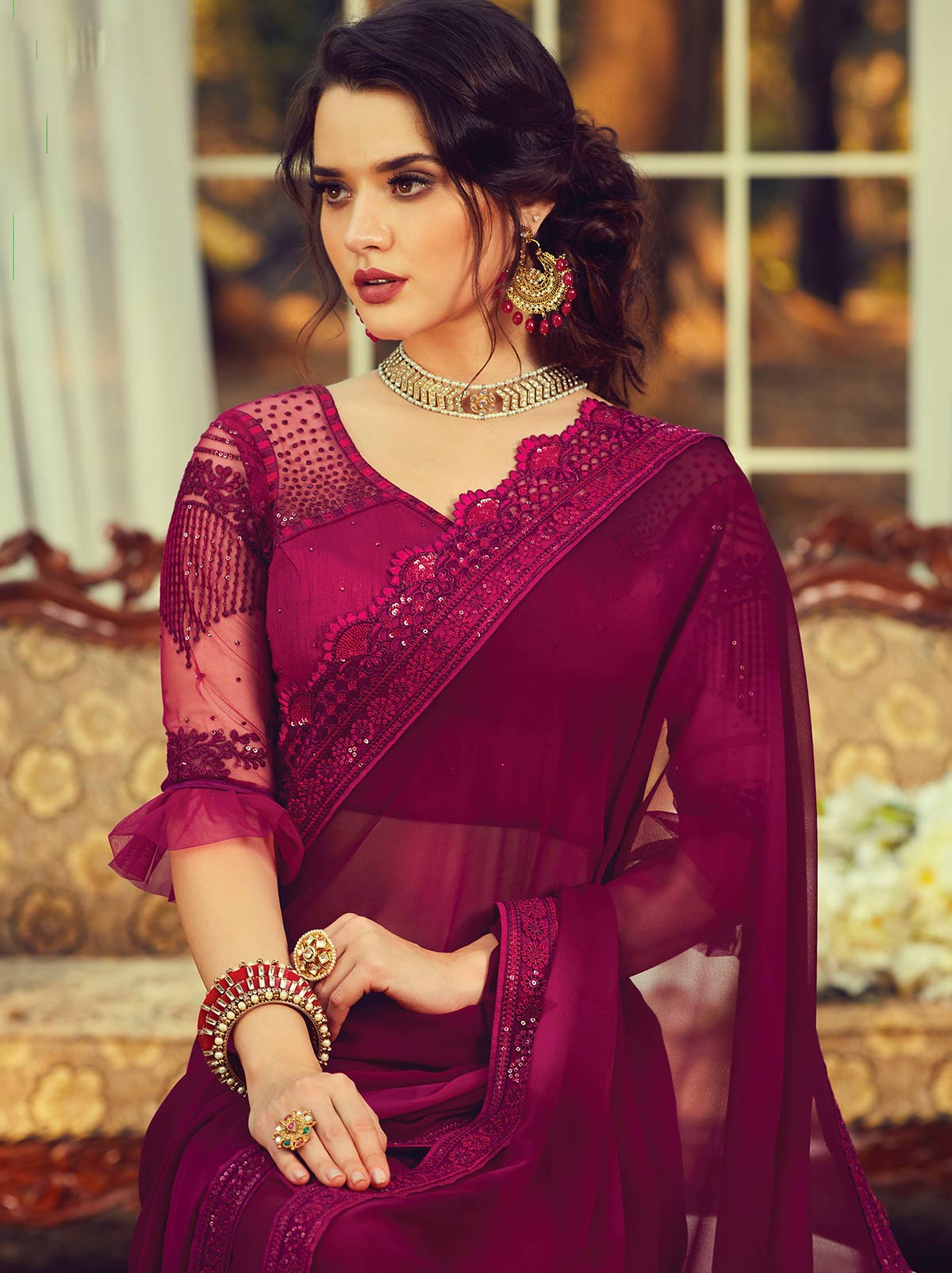 Exquisite purple classic plain georgette saree - TrendOye