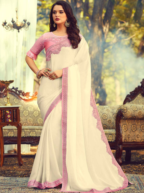 Soothing Cream Colored Designer Saree Embroidered with Sequins Stones - TrendOye