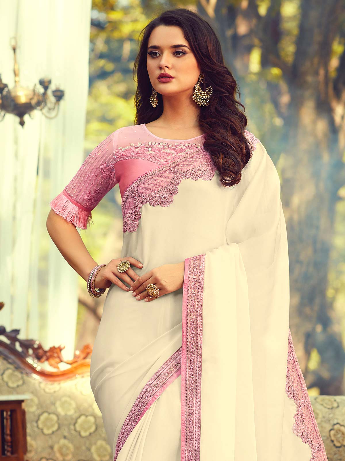 Soothing Cream Colored Designer Saree Embroidered with Sequins Stones - TrendOye