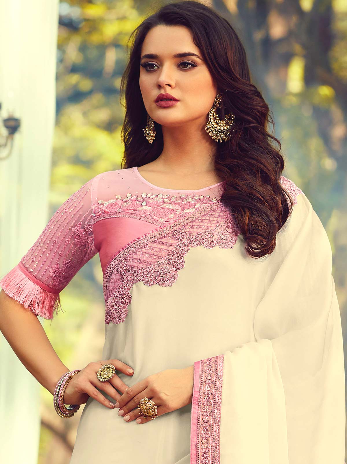 Soothing Cream Colored Designer Saree Embroidered with Sequins Stones - TrendOye