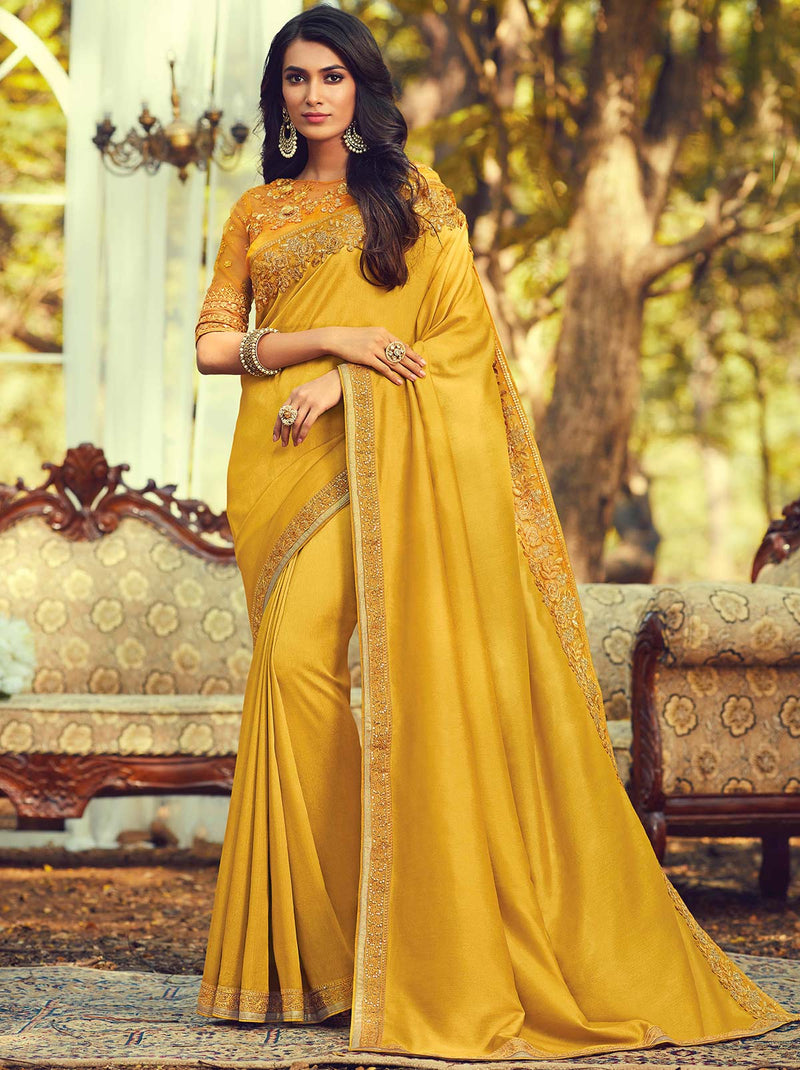 Gleaming Mustard Colored Designer Saree with Heavy Embroidered - TrendOye