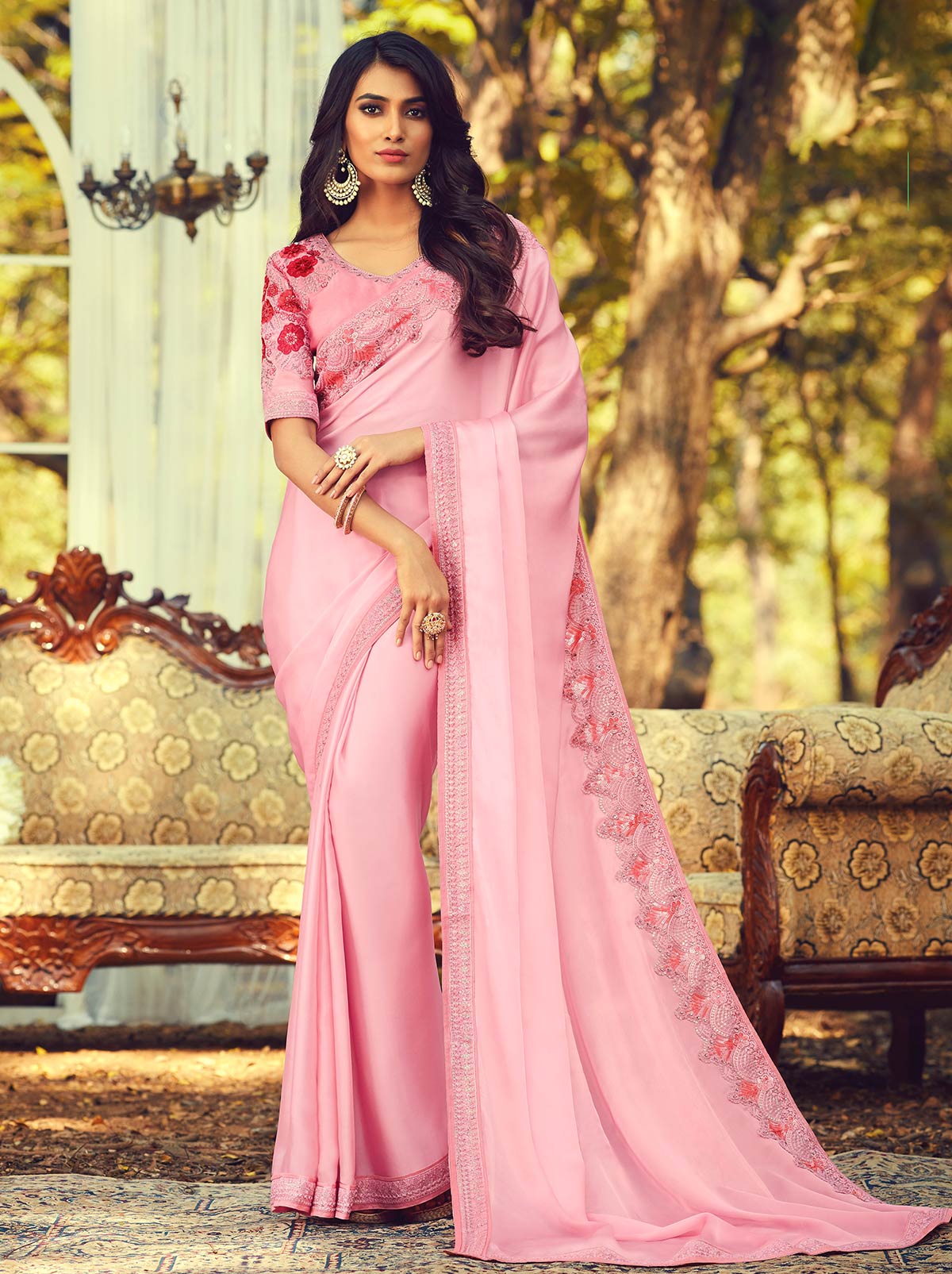 Rani Pink Colored Designer Saree with Heavy Floral Embroidered Sequins - TrendOye