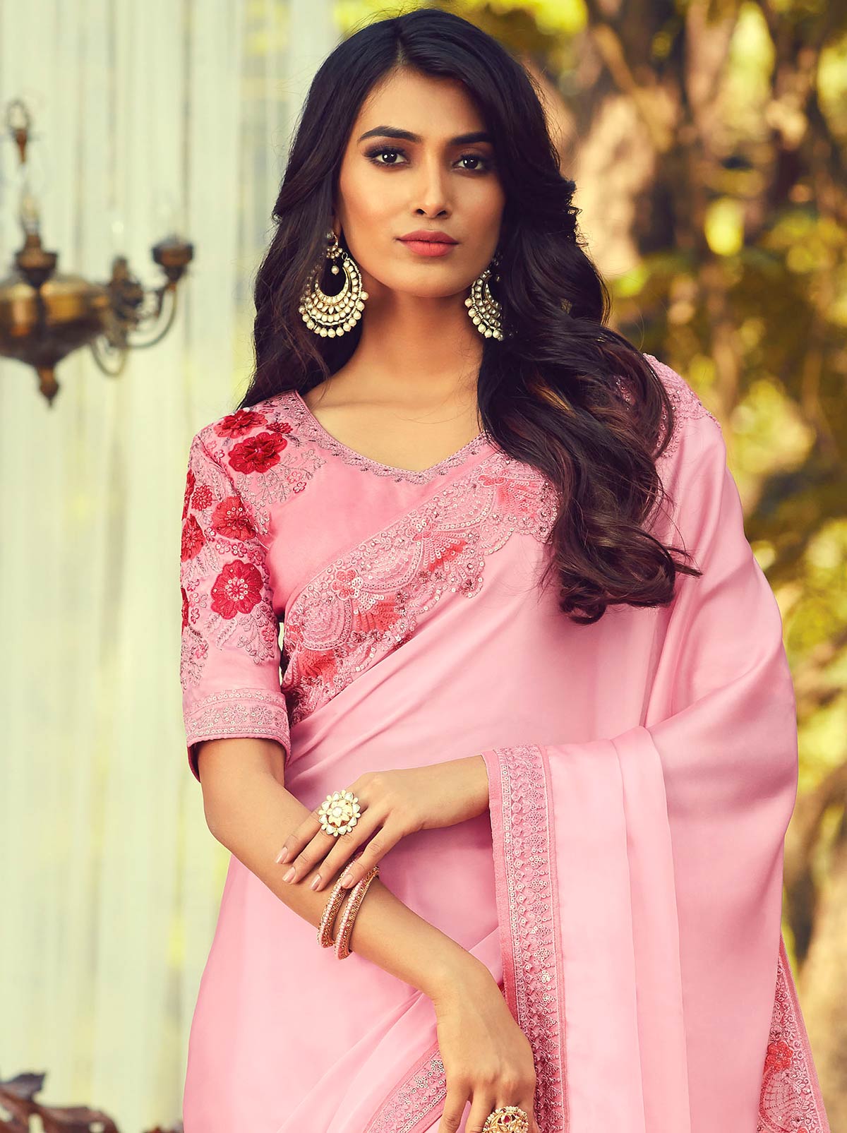 Rani Pink Colored Designer Saree with Heavy Floral Embroidered Sequins - TrendOye