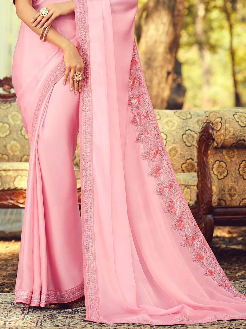 Rani Pink Colored Designer Saree with Heavy Floral Embroidered Sequins - TrendOye