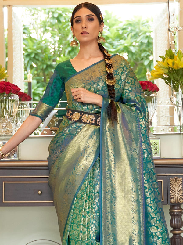 Oh So Good Green Kanjivaram Silk Blend Saree With Zari Work - TrendOye