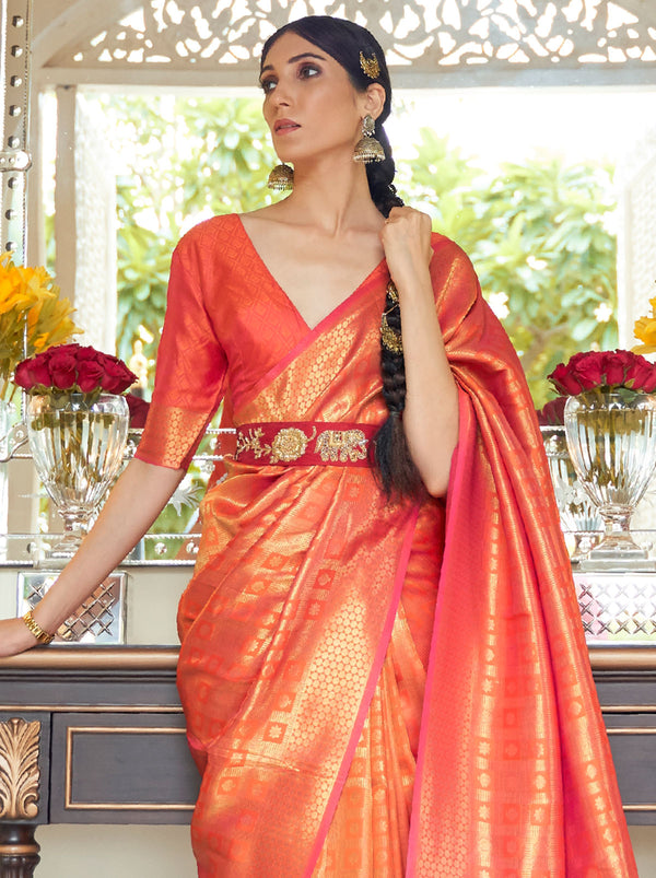 Eye Soothing Red Color Saree With heavy work Zari detailing - TrendOye