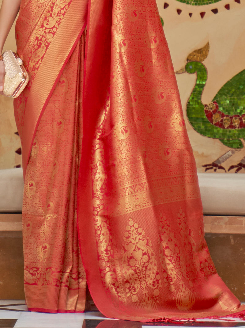 Ravishing Red Color Designer Saree With Heavy Zari Work - TrendOye