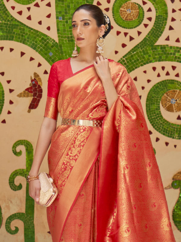 Ravishing Red Color Designer Saree With Heavy Zari Work - TrendOye