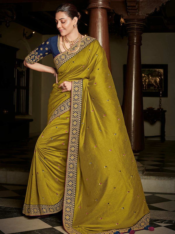 Entrancing Gold Silk Blend Wedding Saree - TrendOye