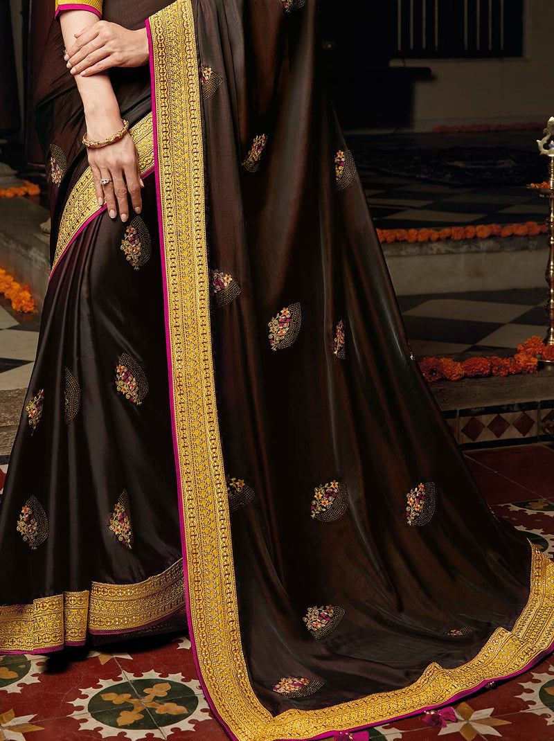 Delightful Chocolate Silk Saree With Heavy Golden Zari Border - TrendOye