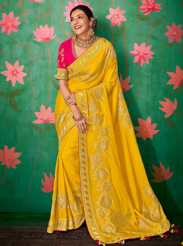 Auspicious Yellow Silk Blend Saree With Golden Zari Border - TrendOye