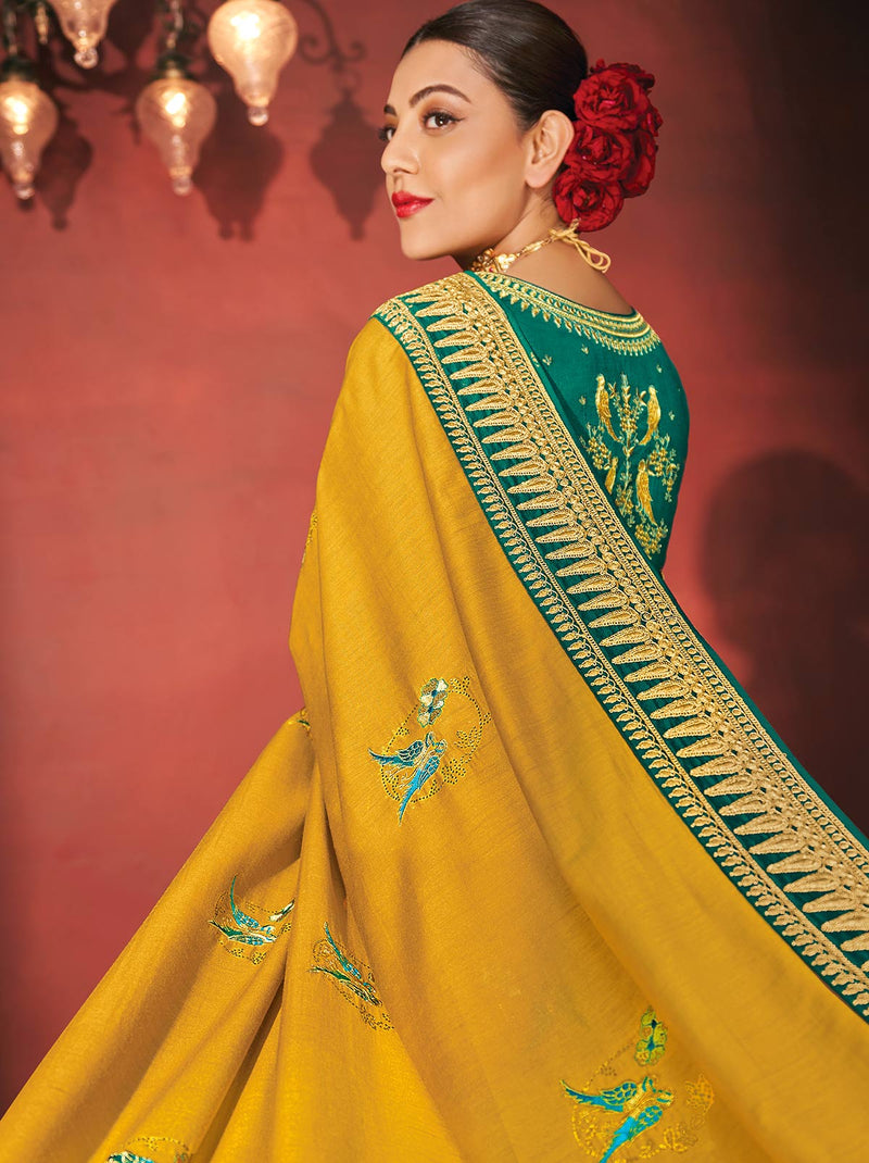 Lustrous Mustard Silk Blend Saree With Golden Zari Border - TrendOye