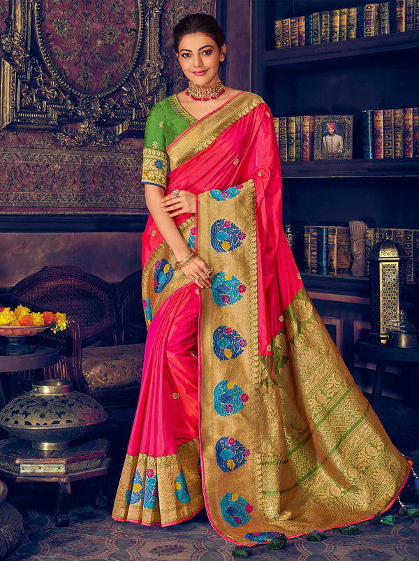 Vibrant Fuschia Silk Blend Saree With Paithani Border - TrendOye