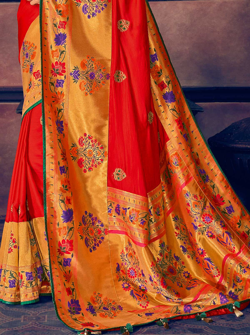 Bold Crimson Red Silk Blend Wedding Saree - TrendOye