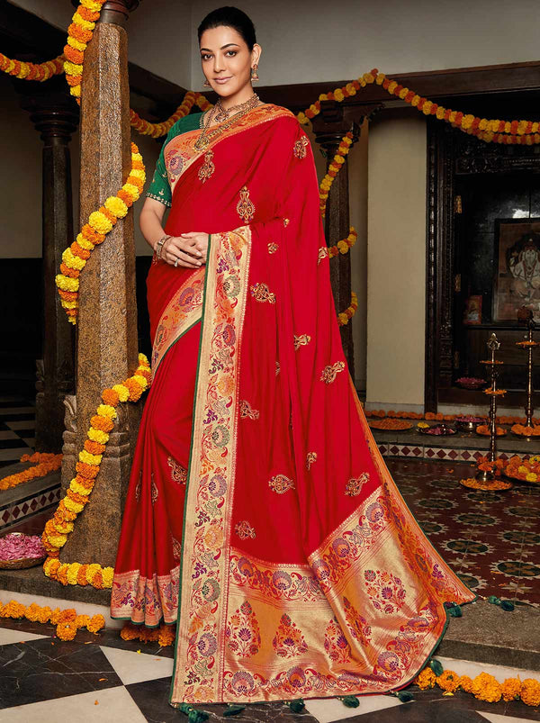 Royal Red Silk Saree with Golden Paithani Border - TrendOye