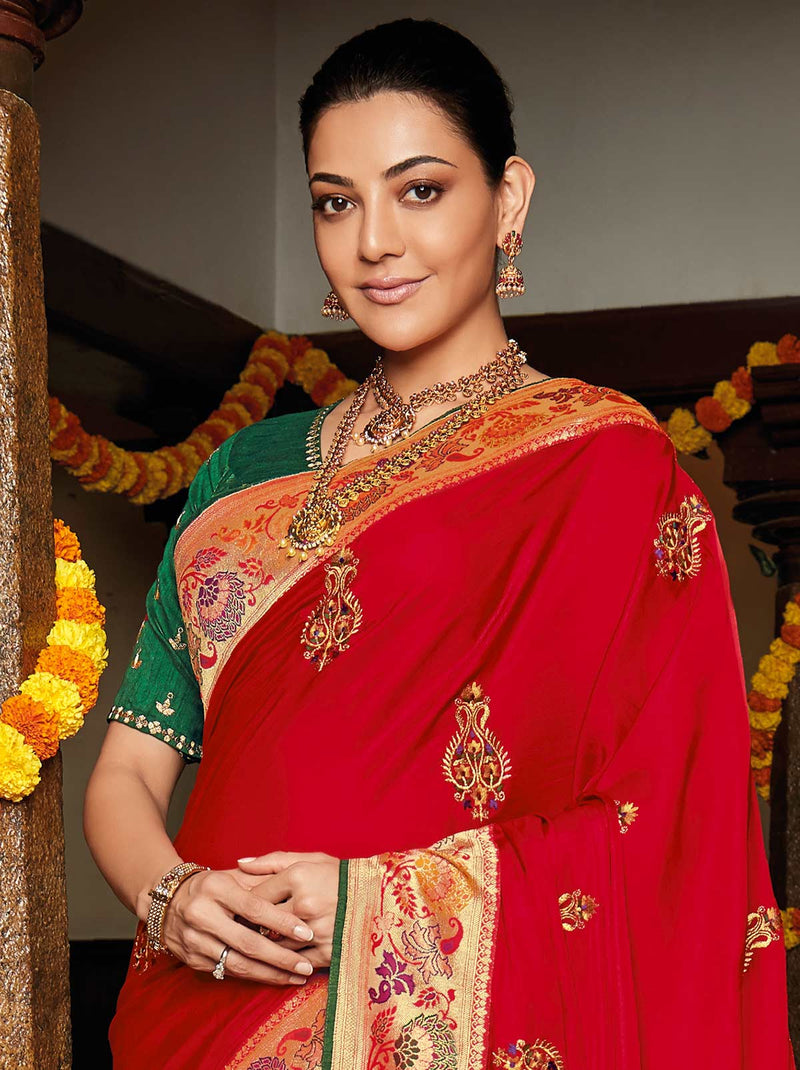 Buy Golden Red Banarasi Silk Zari Weaving Work Wedding Wear Saree Online