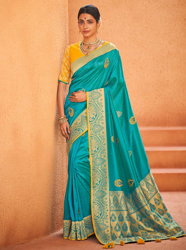 Refreshing Blue Silk Saree With Enchanting Banarasi Border - TrendOye